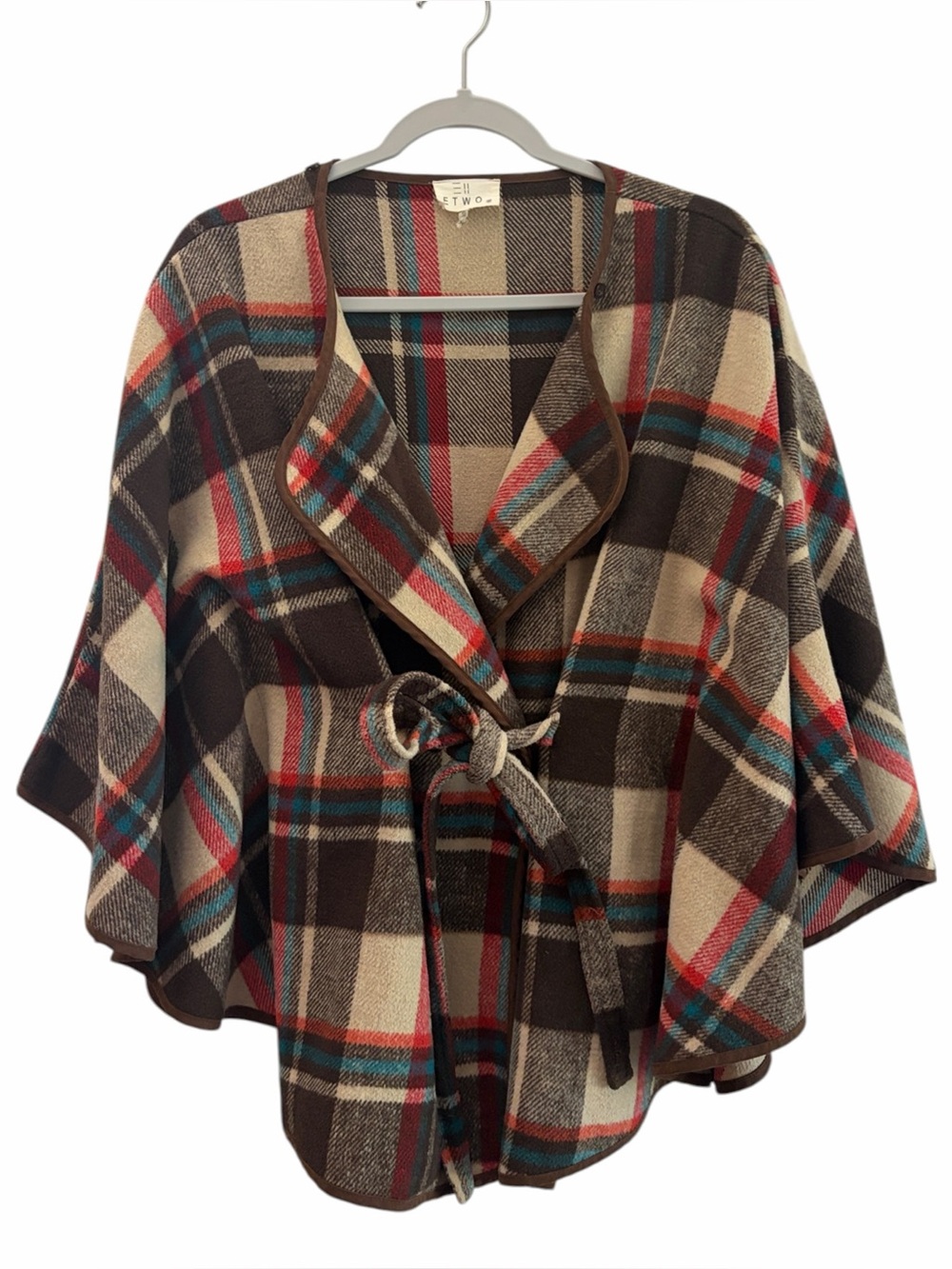 ETWO Equestrian Plaid Tie Waist Poncho Shawl Jacket Medium Fall Fireside Party